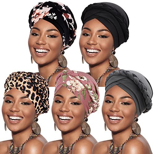 Image of DRESHOW African Women Turban Caps Beanie Twist Headscarf Pre-Tied Twisted Braid Headwraps for Women Chemo Cancer Cap