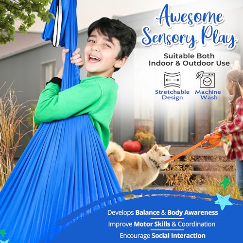DINIC Sensory Swing for Kids Indoor and Outdoor, Sensory Hammock with Inflatable Cushion and 360° Swivel, Pod Swing for Kids and Adults Holds 180 LBS, Blue - with Additional Toys - Image 6