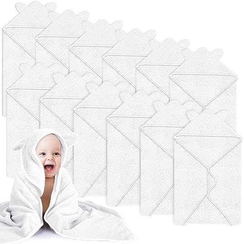 Image of Peryiter 12 Pcs Cute Hooded Baby Towels Cozy Absorbent Baby Bath Towels Coral Fleece Toddler Towels Hooded Bath Blanket with Soft Ears for Newborn Boy Toddler Girl Kids Shower Gift (White)