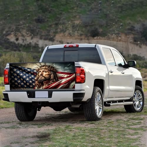 Image of Truck Tailgate Wraps Decals - 66x23.6 in American Flag Tailgate Graphics with Eagle for Trucks Pickup Personalized Decoration, Jesus Sticker Decal