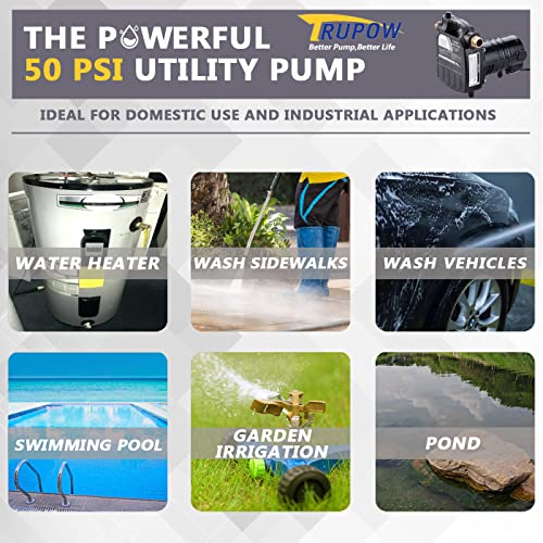 Image of TRUPOW 1 /2HP 1450GPH 115-Volt Cast Iron Portable Electric Power Utility Transfer Water Pump with Carbon Brush, Filter, Brass Connectors, for Garden, Rain Barrel, Pool, Pond, Hot Tub, Aquarium Draining