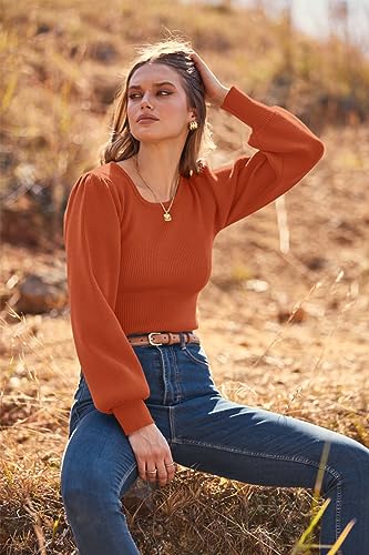 Image of MASCOMODA Womens Puff Long Sleeve Ribbed Sweater Bodysuits | Fall Winter Outfits 2026, Crewneck Knitted Bodysuit Dressy Casual, Cute Slim Fit Pullover Tops, Work, Date, Dress Up & Down