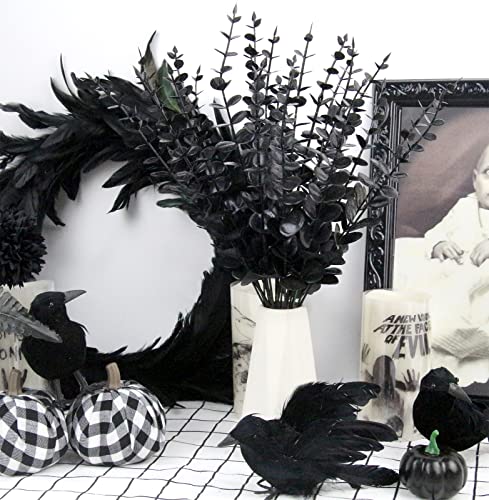 Image of Tinsow 26 PCS Black Faux Eucalyptus Leaves Halloween Artificial Flowers