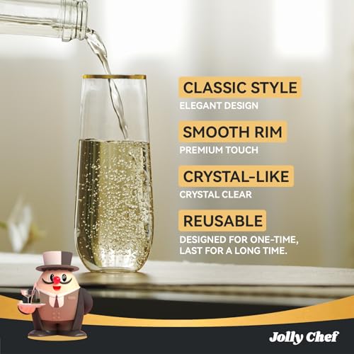 JOLLY CHEF 36 Pack 9 Oz Plastic Champagne Flutes, Gold Stemless Plastic Toasting Glasses| Shatterproof | Heavy Duty | Plastic Disposable Unbreakable Drinkware for Wedding, Party, Thanskgiving