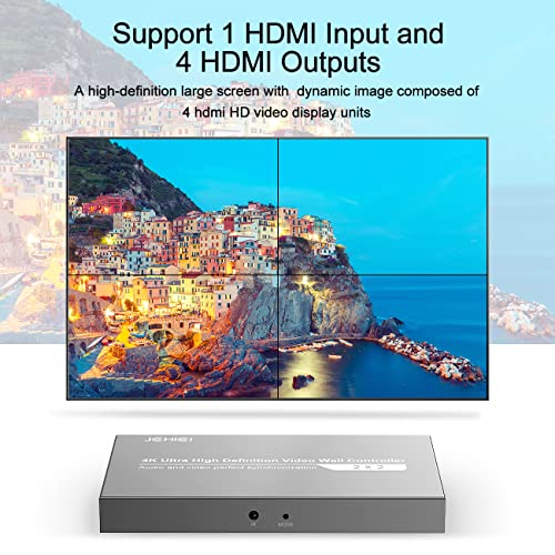 Image of Video Wall Controller 2X2,JCHICI TV Wall Processor,4K x 2K HD Display,180 Degree Rotate,8 Splicing Modes 2x2,1x2,1x3,1x4,2x1,3x1,4x1,Input 4K and Output 1080P,Streaming Media Video Device