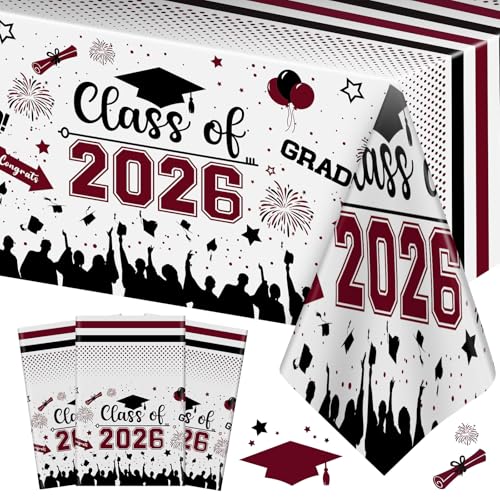 Image of Graduation Decorations Class of 2026 Tablecloth - 3 Pcs Plastic Congrats Grad Table Cloth, Graduations Table Cover for Graduation Party Decorations 2026 and Party Supplies, 54 inchx108 inch (Maroon and Black)
