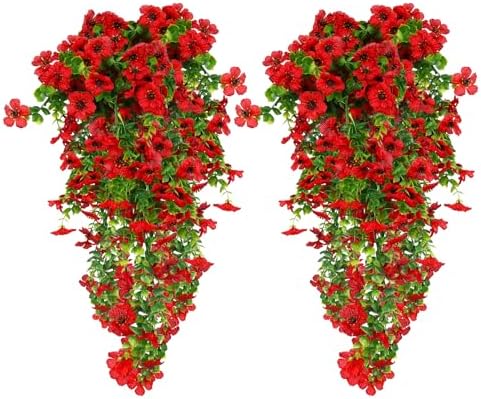 4Pcs Artificial Hanging Flowers UV Resistant Hanging Flower Bouquet Wall Hanging Flower Home Garden Yard Wedding Indoor Outdoor Decor (Red)