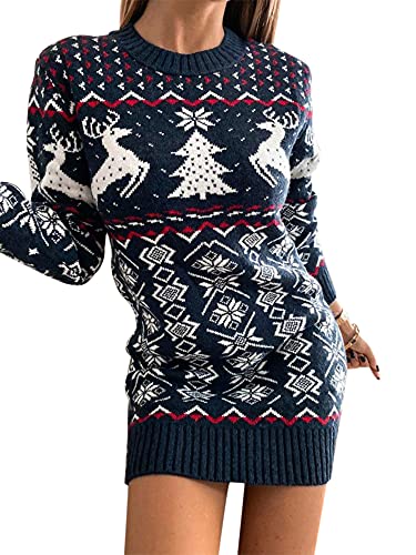 Felcia Frauen Weihnachten Jacquard Strickkleid Loose Fit Langarm O-Ausschnitt Kleid für Herbst Winter, A-Marineblau, X-Large