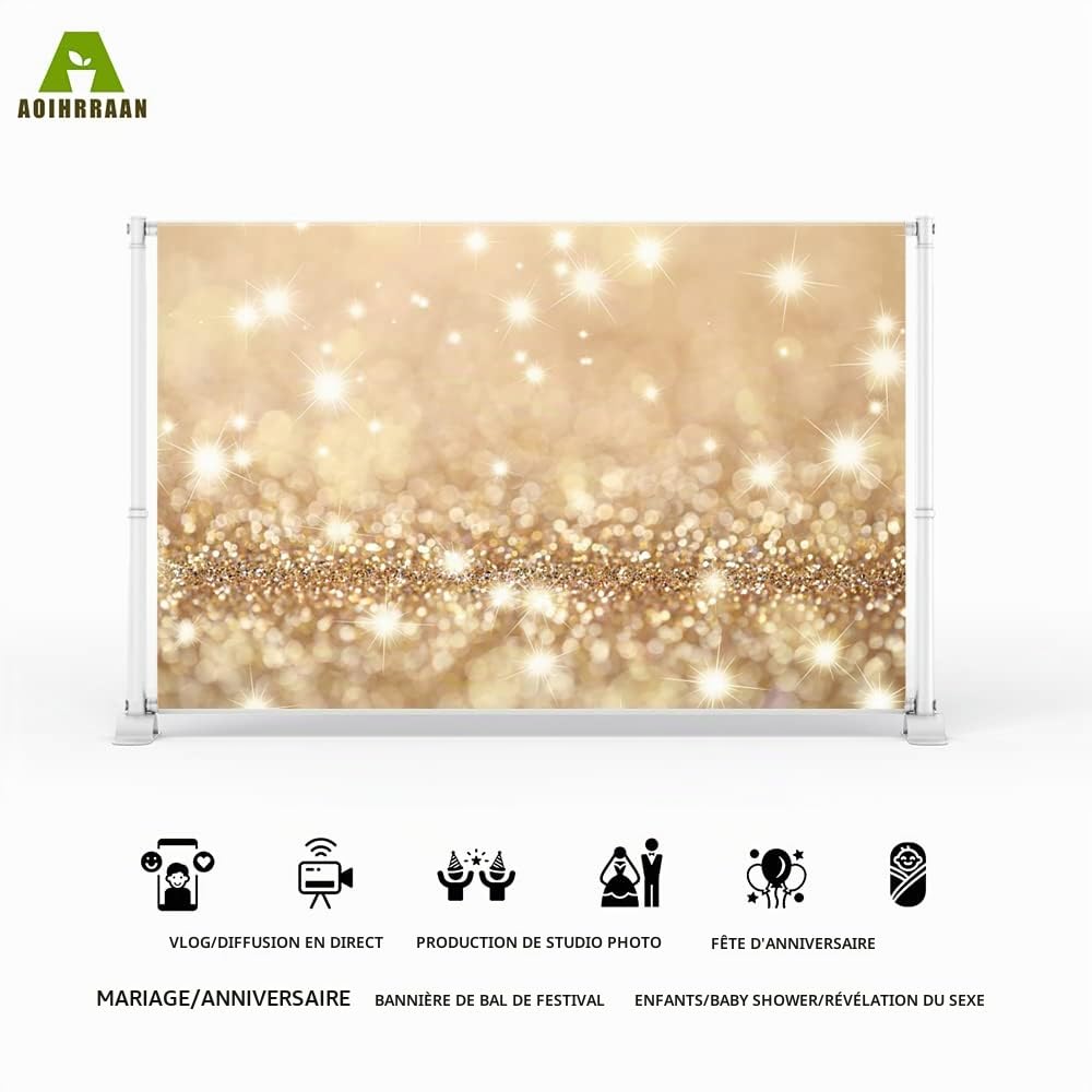Aoihrraan 3x2m Doré Bokeh Toile De Fond Abstrait Doré Scintillant Lumières Floues Halos Scintillant Paillettes Photographie Fond Nouveau-Né Bébé Shower Anniversaire Fête Mariage Photo Accessoire