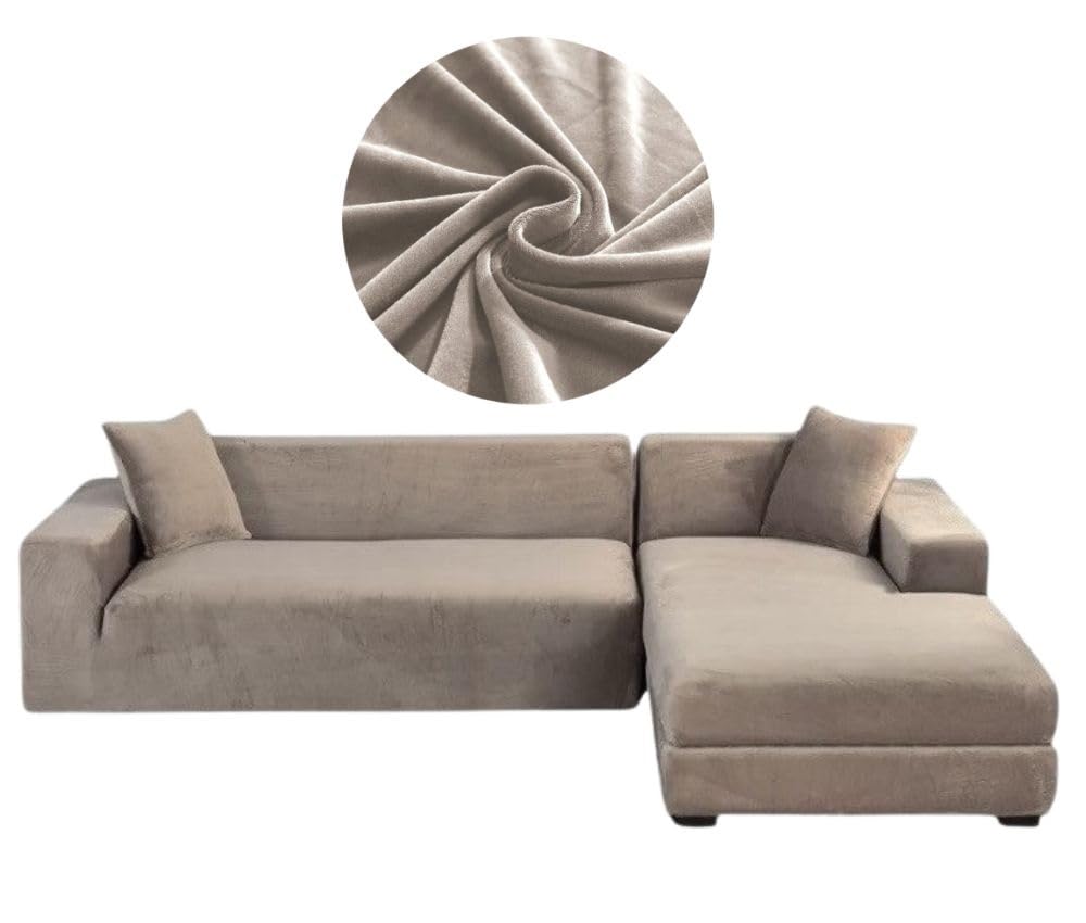 Sofa Überzug L-Form – Elastischer Samt Couchbezug, Weich und Wasserdicht – Couch Überzug für 2/3 Sitzer, Universal Sofaüberwürfe mit Anti-Rutsch-Schaumstoffe, Beige, Rechts