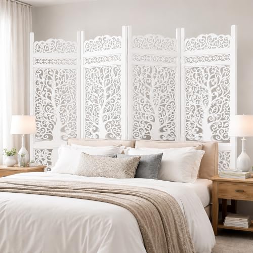 Image of Wooden Handcrafted Wooden Partition for Room Elegant Carved Premium Carved Wooden Partition Screen for Bedroom /Living Room /Home /Office (6 Feet 4 Panel) (6 Feet 4 Panel New Tree Design)