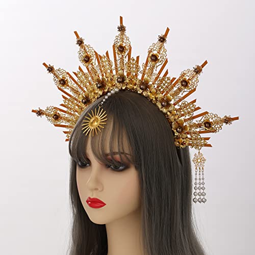 BPURB Gothic Goddess Gold Halo Crown Spike Zip Tie Mary Headband Halloween Headpiece for Women (Gold-3), Style B-Gold-3 - Image 3
