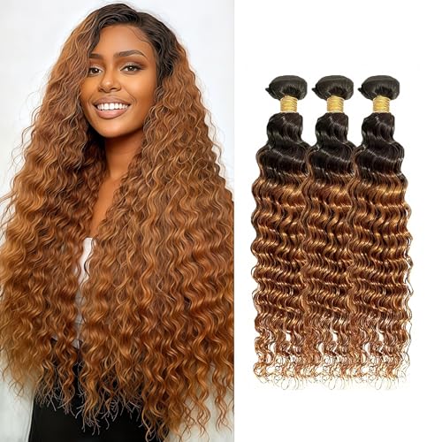 KODRHAR T1B/30 Ombre Brown 3 Bundles Human Deep Wave Hair 8 10 12 Inch Deep Wave Human Hair Brown Bundle 12A Brazilian Virgin Hair Quick Weave for Women T1B/30 Color