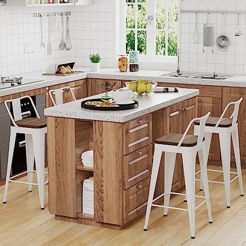 Image of WENTMENT Bar Stools Set of 4 Counter Height Metal Barstools with Removable Back 30 inch Kitchen Bar Stools with Wooden Seat,Off White