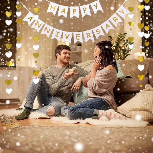 Image of Happy Anniversary Banner Balloons Wedding Love Party and Background Indoor Outdoor Decorations (Gold White Heart)