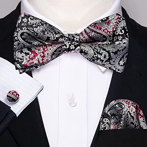 Image of Barry.Wang Paisley Striped Bow Tie for Men Silk Pre-Tied Bowtie Pocket Square Cufflinks Set Formal Wedding Party Prom