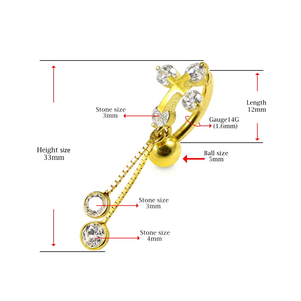Piercing para ombligo de oro amarillo macizo de 14 quilates con circonita cúbica y cadena colgante, joyería para ombligo de 14 quilates, calibre 14, 14 Gauge - 12mm Length, Circonia