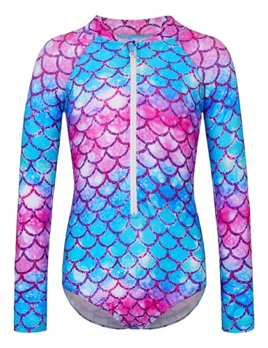 WhizBuzz Girls Long Sleeve Swimsuit Size 4t 5t One Piece Rash Guard Pink Blue Scale Bathing Suit with Zipper