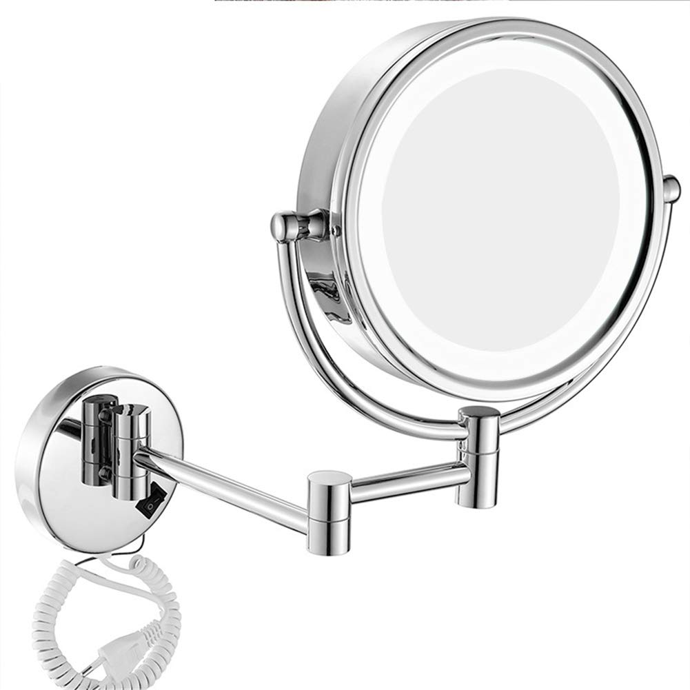 Espejo de maquillaje Montaje en pared, LED iluminado Normal + Aumento 3X Espejo de baño de Doble Cara Giratorio de 360 ° Espejo de belleza plegable de Forma Redonda extensible,Gold_8.5inch 3