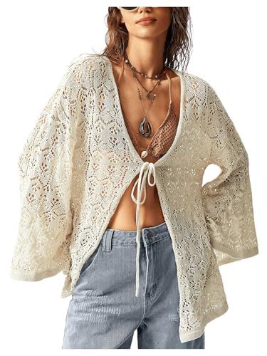 MakeMeChic Women's Light Weight Cardigan Sweaters Hollow Out Tie Front Deep V Neck Long Sleeve Fall Outerwear