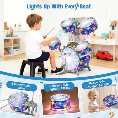 Kids Drum Set for Toddlers 1-3, Upgraded Light Up 5-Piece Jazz Drum Kit with Stool, Bass Pedal & Cymbal, Musical Instrument Percussion Beginner Toy Gift for Boys Girls Ages 3-5 5-7 - 5