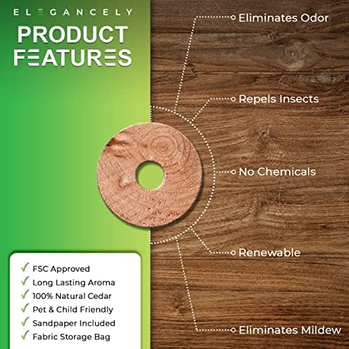 60 Pack Cedarwood Moth Repellent for Wardrobes, 100% Natural Anti Moth 4.5cm Cedar Rings - Substitute to Moth Balls and Humane Moth Killer - Sandpapers & Storage Bag Included