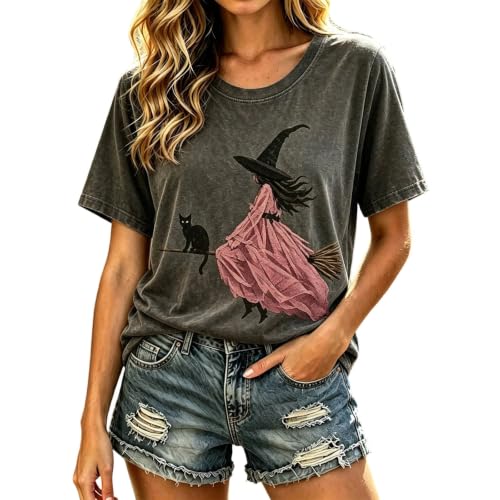 Halloween Witch Shirt for Womens Witch with Pink Dress & Black Cat Print - image 5