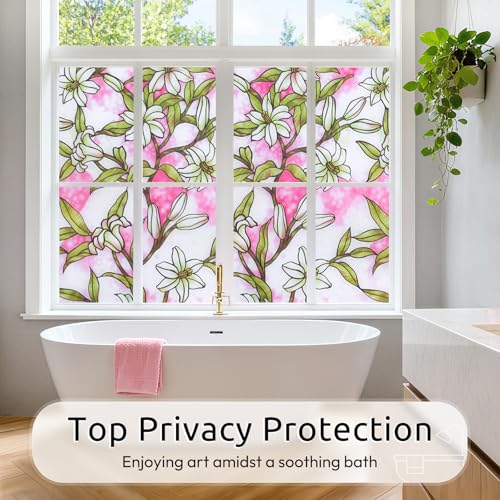 Image of rabbitgoo Stained Glass Window Privacy Film, Pink Lily, 17.5 inch X 78.7 inch | Anti UV Heat Blocking Frosted Glass Static Cling Removable, for Bathroom, Bedroom, Living Room