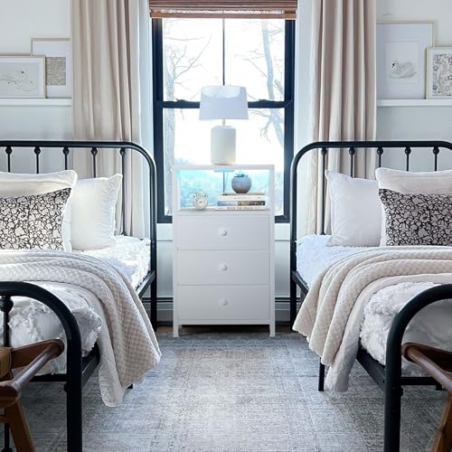 Image of BOLUO White Night Stand with 3 Fabric Drawers, Nightstand with Charging Station LED Nightstand for Bedroom, Bedside Table with USB Ports and Outlets Modern
