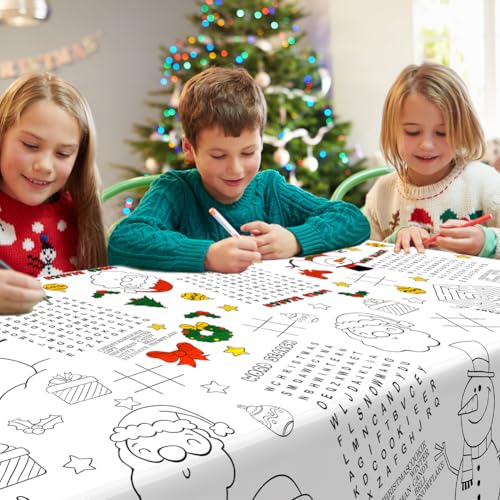 Labeol 1 Pack Christmas Tablecloth, Christmas Coloring Tablecloth for Kids, 54"x108" Giant Santa Claus Snowman Maze Color-in Paper Poster Table Cover for Winter Party Arts and Crafts – Image 5
