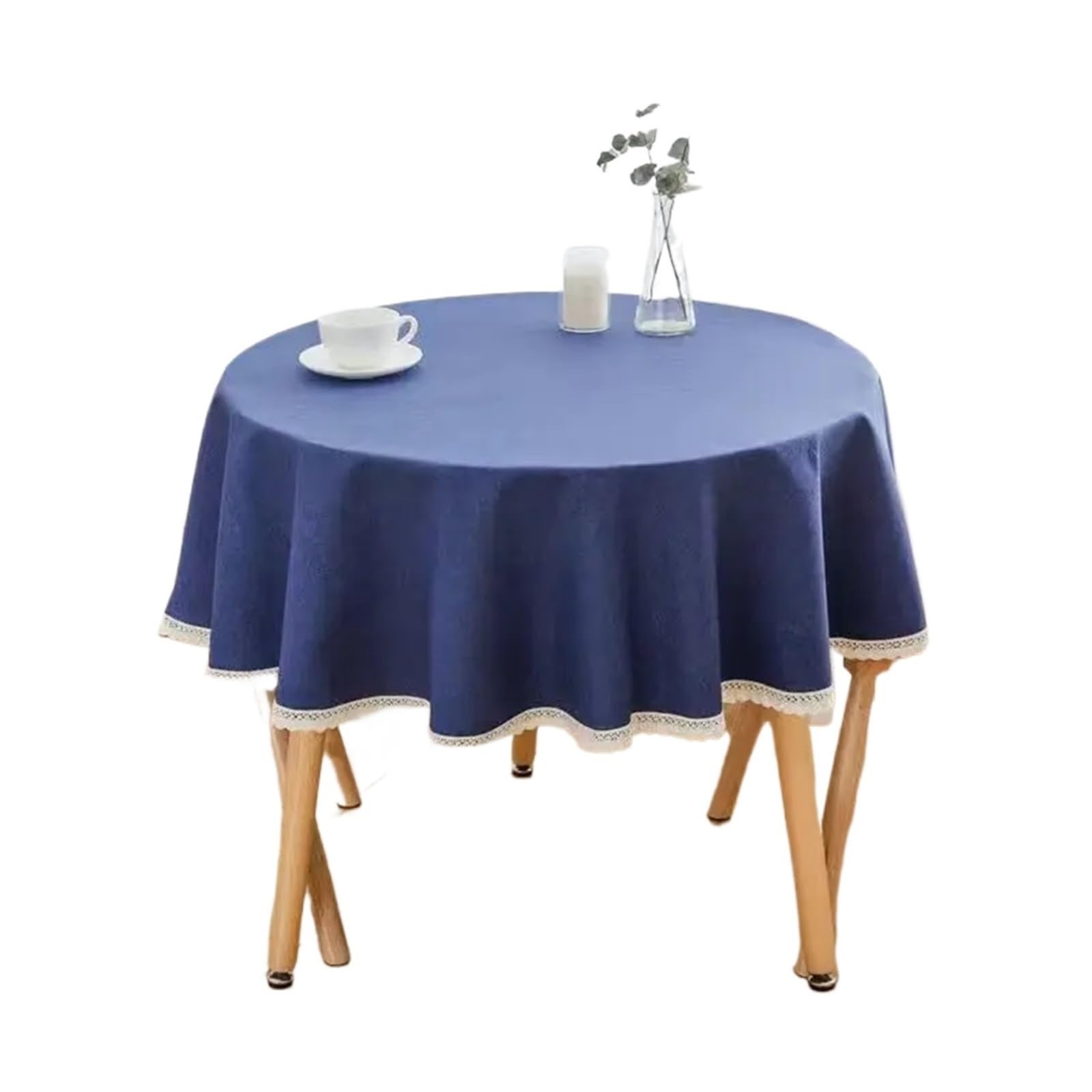 ZNTIHZ Solid Color Round Tablecloth With Lace Cotton Linen Table Cloth Wedding Dining Tea Decoration Cover For Wedding Party Banquet(Dark Blue,280cm)