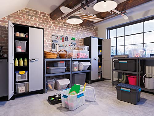Keter Titan Kunststoffschrank, hoch, schwarz/grau, 80 x 44 x 182 cm, inkl. 4 Einlegeböden mit je 30kg Tragkraft, für drinnen und draußen, UV- und wasserbeständig, aus 70% recycelten Materialien