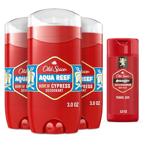 Old Spice Aluminum Free Deodorant for Men, 24/7 Odor Protection, 24/7 Freshness & Lasting Scent, Aqua Reef with Cypress Scent, 3.0 oz with Travel Size Swagger Body Wash (Pack of 4)