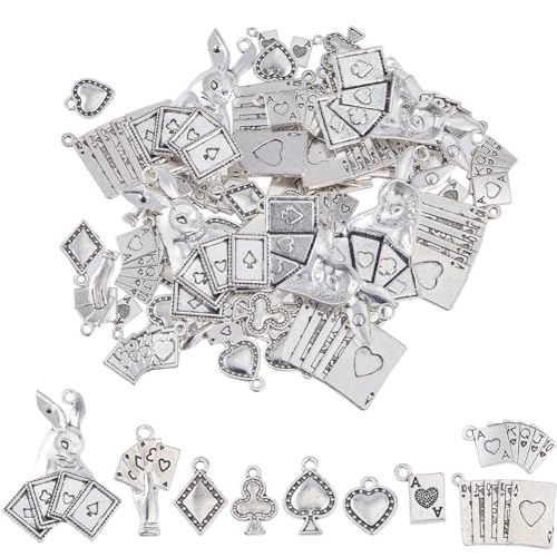 SUNNYCLUE 72Pcs 9 Styles Small Poker Card Charms Silver Ace Playing Card Charm Bulk Tibetan Alloy Heart King Shape Charm for jewellery Making Charms Supplies Keychain Dangle Earring Necklace DIY Craft