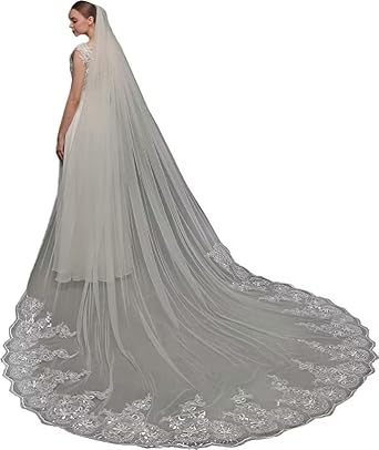 QUIRAI Womens White Wrap for Bride 3 Meters Cathedral Long Sequin with White Lace