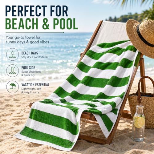 Image of TowelWala Extra Large Cotton Pool & Bath Towel | 180x90 cm | 450 GSM Cotton | Quick Drying & Highly Absorbent | Striped Design for Adults | TW PT GRN Pack 2