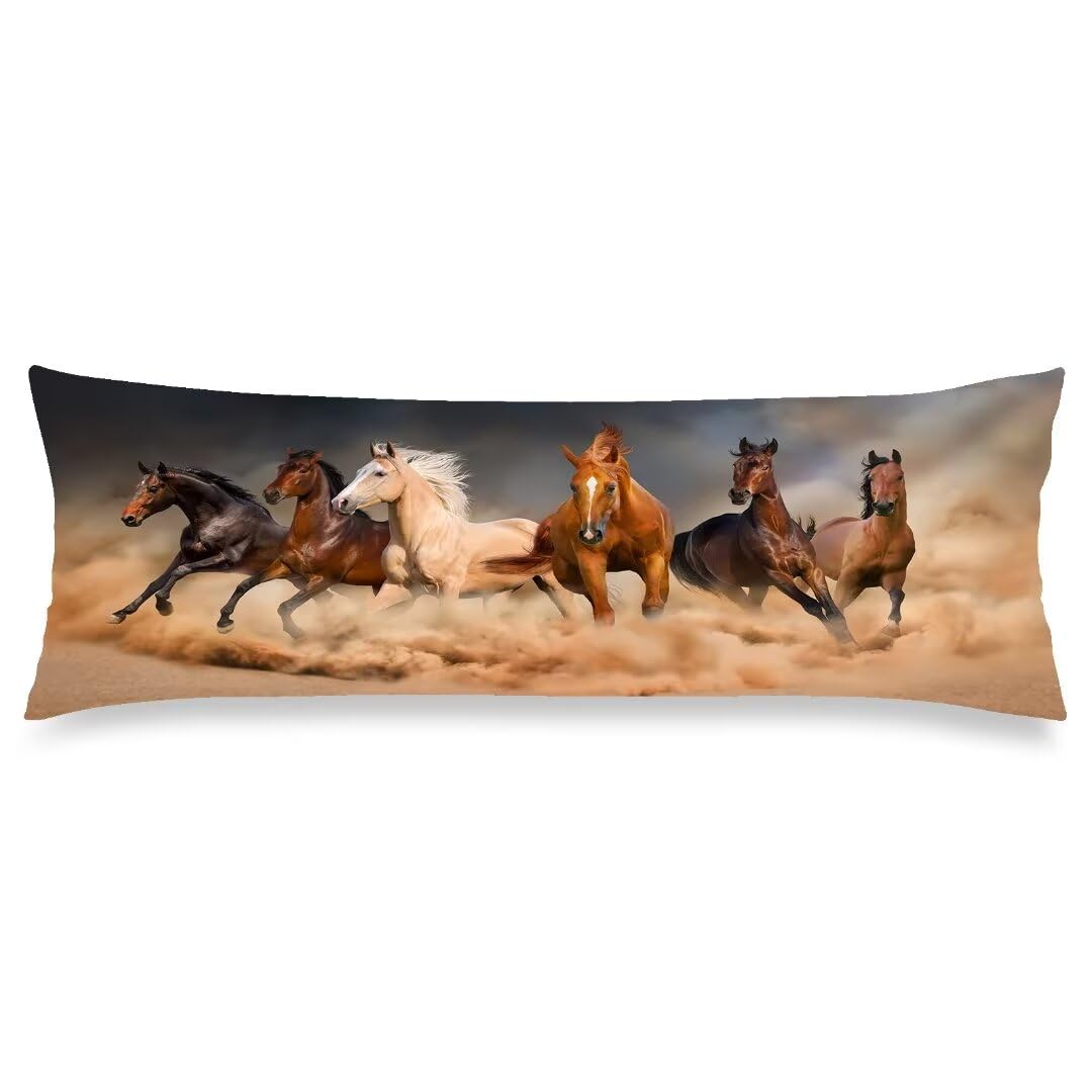 Horses Body Pillow Cover, 20x54, Desert Sand Storm, Zipper, Western Decorative Soft Large Bedding Pillow Case for Bedroom, Couch