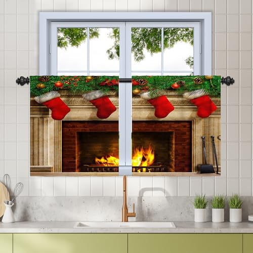 Renaiss 26 x 24 Inch Fireplace Small Curtains Christmas Kitchen Window Decor Red Sock Spruce Leaves Balls Window Treatment Tiers Poinsettia Flowers Winter Farmhouse Curtains Rod Pocket Linen 2 Panels