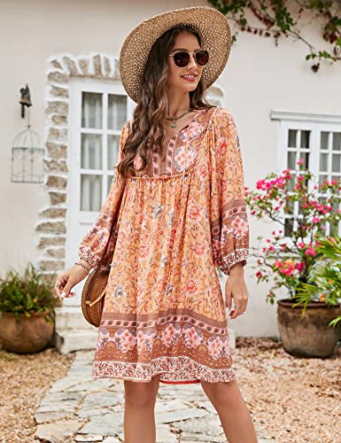 Image of Bluetime Women Casual Summer Dress Boho V Neck 3 /4 Sleeve Babydoll Floral Print Flowy Beach Dress