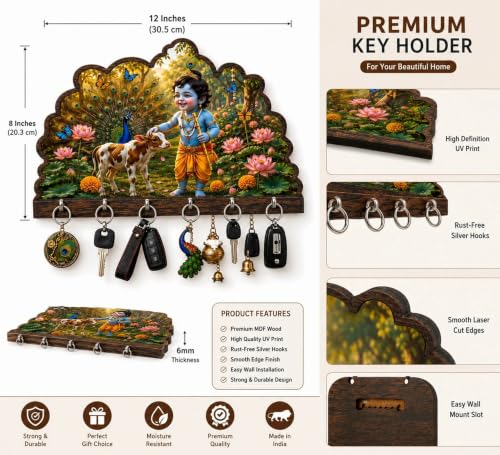 Image of Baby Krishna Wooden Key Holder for Wall | 7 Hooks Key Stand with Cow, Peacock & Lotus Design | Decorative Wall Mounted Key Hanger for Home Entrance, Living Room, Office, Gift