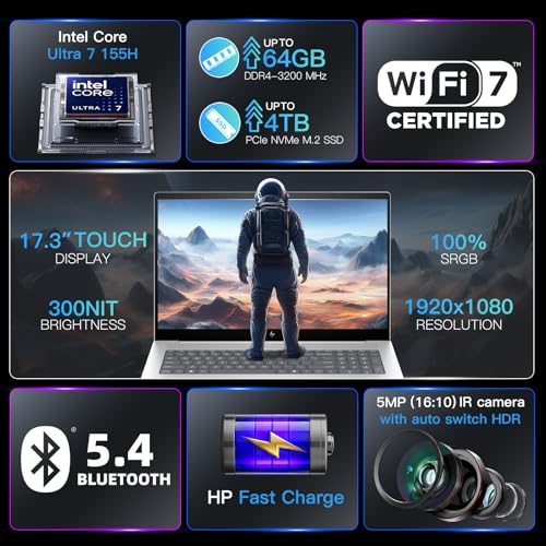 Image of HP Envy 17 Laptop for Business and Students - 17.3 inch FHD IPS 300nits Touchscreen • Intel 16-Core Ultra 7 155H • 64GB RAM • 2TB SSD • Backlit KB • Wi-Fi7 • HP Fast Charge • Win 11 pro • with Accessories