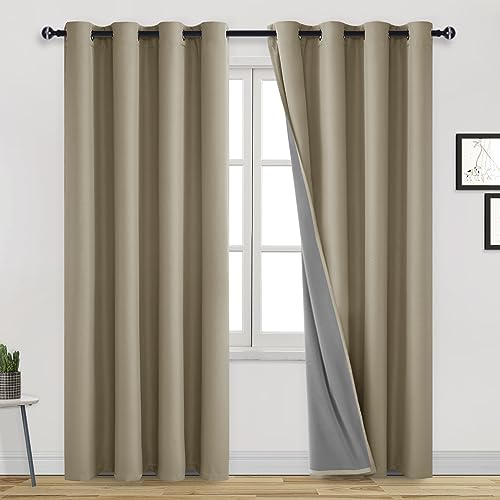 DWCN 100% Blackout Curtains 84 Inches Long for Living Room Thermal Insulated Light & Heat Blocking Full Room Darkening Noise Reducing Grommet 2 Panels Curtain for Bedroom(Taupe,52" W x 84" L)