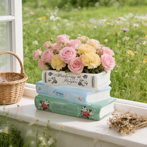 Book-Shaped Decorative Planter Pot - Unique Plant Vase & Bookshelf Desktop Office Decor for Book Lovers|Ceramic Planter with Drainage| Gift for Plant Lovers Home Decor Enthusiasts