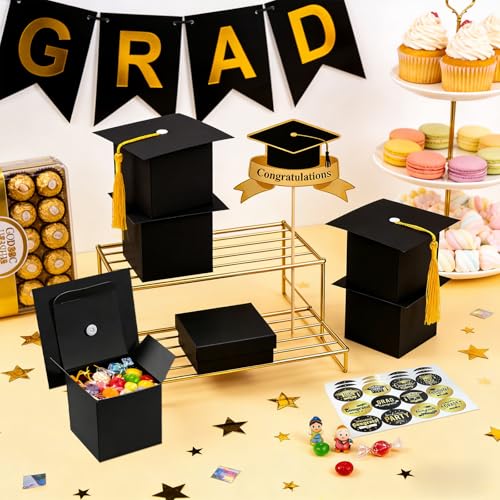 Image of 100Pcs Graduation Cap Gift Boxes, Graduation Candy Box with Graduation Stickers, Black Grad Cap Treat Cake Chocolate Biscuit Card Box Yellow Tassel, Graduation Decorations for Graduation Ceremony Party (100Pcs, Graduation Boxs with Graduation Stickers)