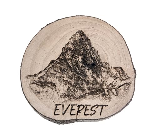 Imán para regalo, recuerdo decorativo en porción de tronco de madera 6,5 x 7,5 cm, Monte Everest, Himalaya, China y Nepal (madera de lauro)
