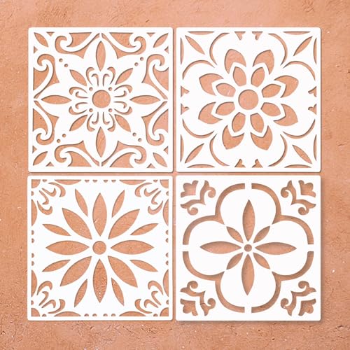 4PCS Mixed Reusable Wall Floor Tile Stencils for Painting Floors, Tiles, Walls, Walkways, Concrete...
