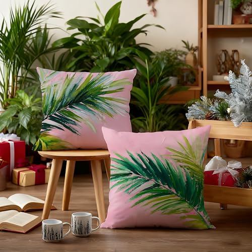 Image of Summer Pink and Green Tropical Palm Leaf Decorative Throw Pillow Cover Decor 18x18,Palm Leaf Botanical Decorative Lumber Beach Plant Throw Pillow Cover for Cabin Couch Double-Sided Set of 2