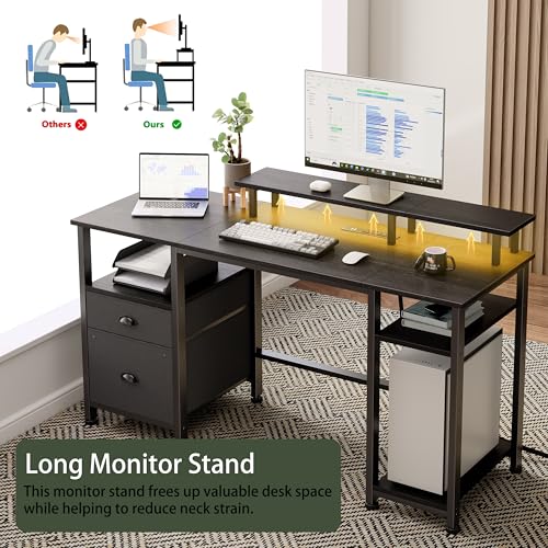 Image of Furologee 51 inch Gaming Desk with Power Outlets & LED Lights, Reversible Computer Desk with File Cabinet & Monitor Stand for Home Office, Large Work Table with Storage Shelves & Drawer, Black