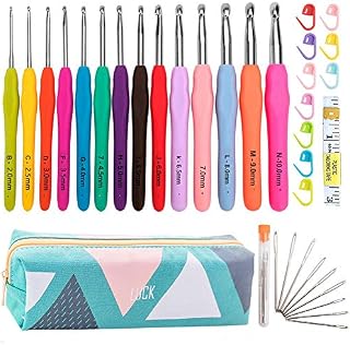 Crochet Hook,Crochet Hooks Set,14Pcs Soft Non-Slip Rubber Handles Yarn Knitting Needles Kit with Case,for Patterns/Yarns 2~10mm, Gift for Women/Mom