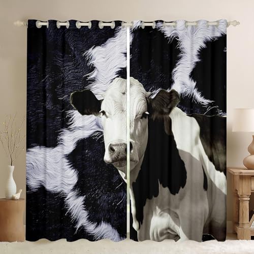 Milk Cow Curtains for Bedroom Living Room Girls Kids Cow Fur Blackout Curtainsative Cowhide Darkening Dreapes Farmhouse Western Farm Animal Skin Black White Window Treatments (2 Panels, 42 x 63 Inch)